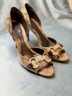 Gucci Beige/Brown GG Coated Canvas Horsebit Open Toe Pumps Size 36